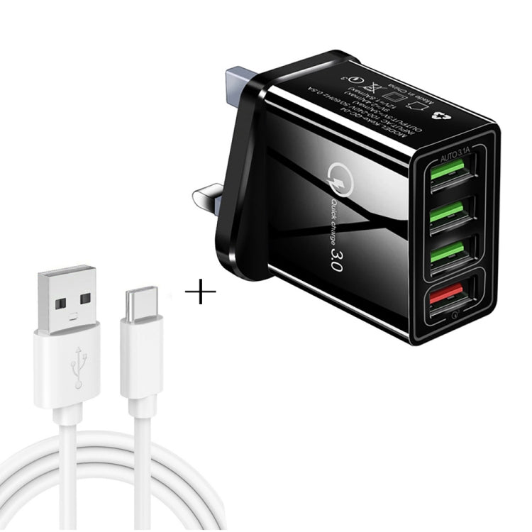 Bộ sạc nhanh đa năng 2 trong 1 cáp dữ liệu USB sang USB-C / Type-C dài 1m + 30W QC 3.0 4 cổng USB cho điện thoại di động, máy tính bảng, PC, bộ sạc du lịch, phích cắm UK, bộ USB-C / Type-C phích cắm UK