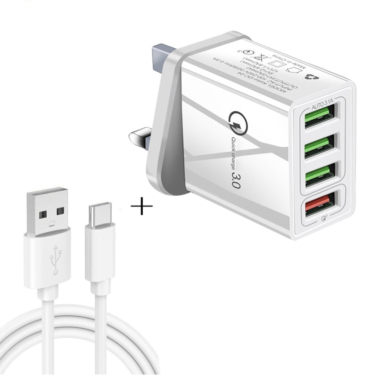 2 in 1 1m USB to USB-C / Type-C Data Cable + 30W QC 3.0 4 USB Interfaces Mobile Phone Tablet PC Universal Quick Charger Travel Charger Set, UK Plug, USB-C / Type-C Set UK Plug