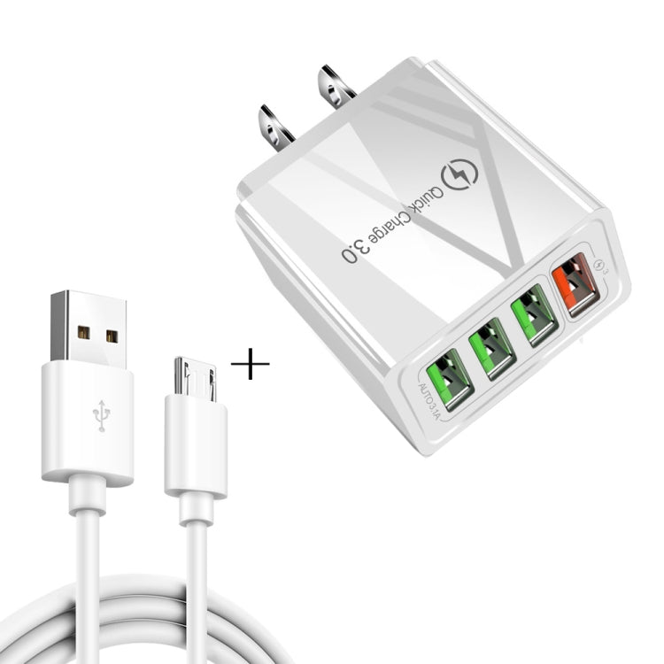 Bộ sạc nhanh đa năng 2 trong 1 cáp dữ liệu USB sang Micro USB dài 1m + 30W QC 3.0 4 cổng USB cho điện thoại di động, máy tính bảng, PC, bộ sạc du lịch, phích cắm US, bộ Micro USB phích cắm US