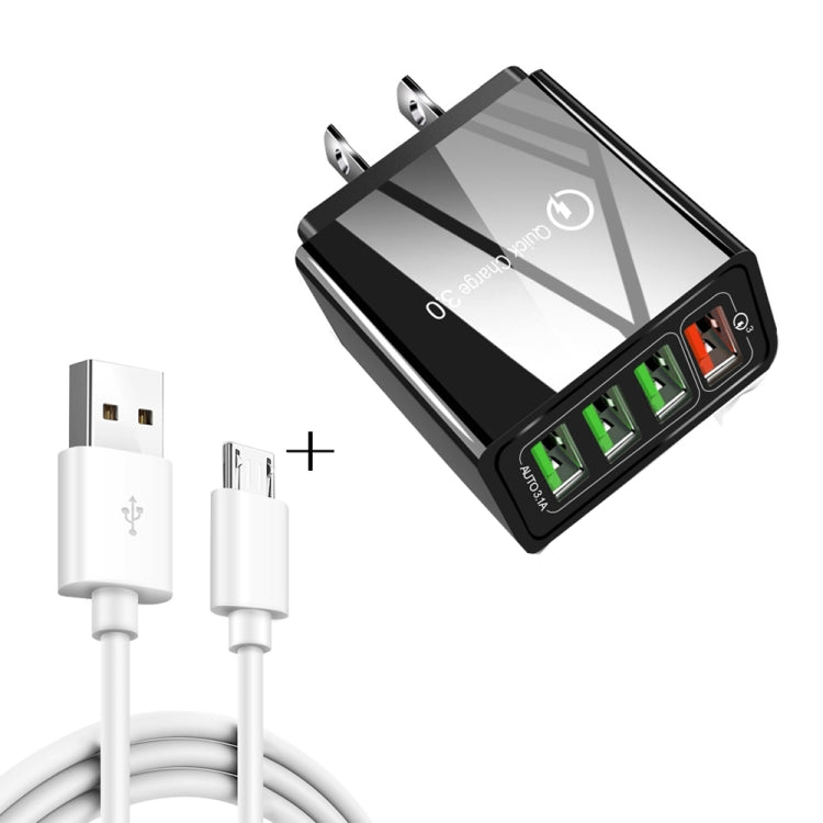 Bộ sạc nhanh đa năng 2 trong 1 cáp dữ liệu USB sang Micro USB dài 1m + 30W QC 3.0 4 cổng USB cho điện thoại di động, máy tính bảng, PC, bộ sạc du lịch, phích cắm US, bộ Micro USB phích cắm US