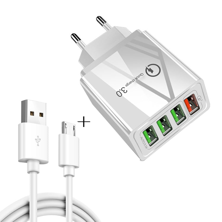Bộ sạc nhanh đa năng 2 trong 1 cáp dữ liệu USB sang Micro USB dài 1m + 30W QC 3.0 4 cổng USB cho điện thoại di động, máy tính bảng, PC, bộ sạc du lịch, phích cắm EU, bộ Micro USB phích cắm EU