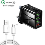 Bộ sạc nhanh đa năng 2 trong 1 cáp dữ liệu USB sang Micro USB dài 1m + 30W QC 3.0 4 cổng USB cho điện thoại di động, máy tính bảng, PC, bộ sạc du lịch, phích cắm UK, bộ Micro USB phích cắm UK