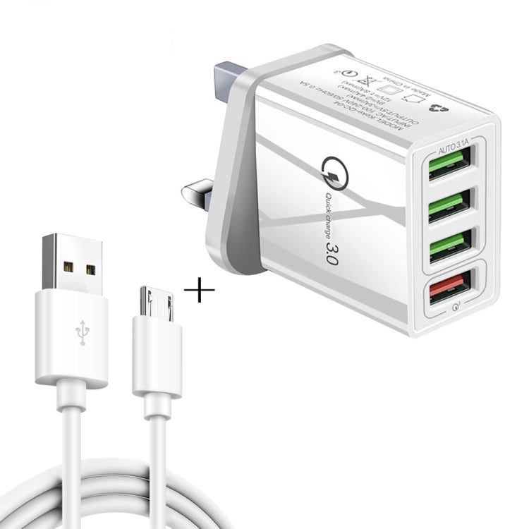 Bộ sạc nhanh đa năng 2 trong 1 cáp dữ liệu USB sang Micro USB dài 1m + 30W QC 3.0 4 cổng USB cho điện thoại di động, máy tính bảng, PC, bộ sạc du lịch, phích cắm UK, bộ Micro USB phích cắm UK