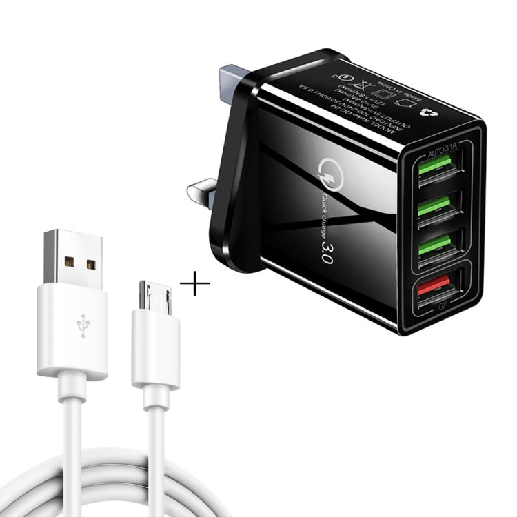 Bộ sạc nhanh đa năng 2 trong 1 cáp dữ liệu USB sang Micro USB dài 1m + 30W QC 3.0 4 cổng USB cho điện thoại di động, máy tính bảng, PC, bộ sạc du lịch, phích cắm UK, bộ Micro USB phích cắm UK