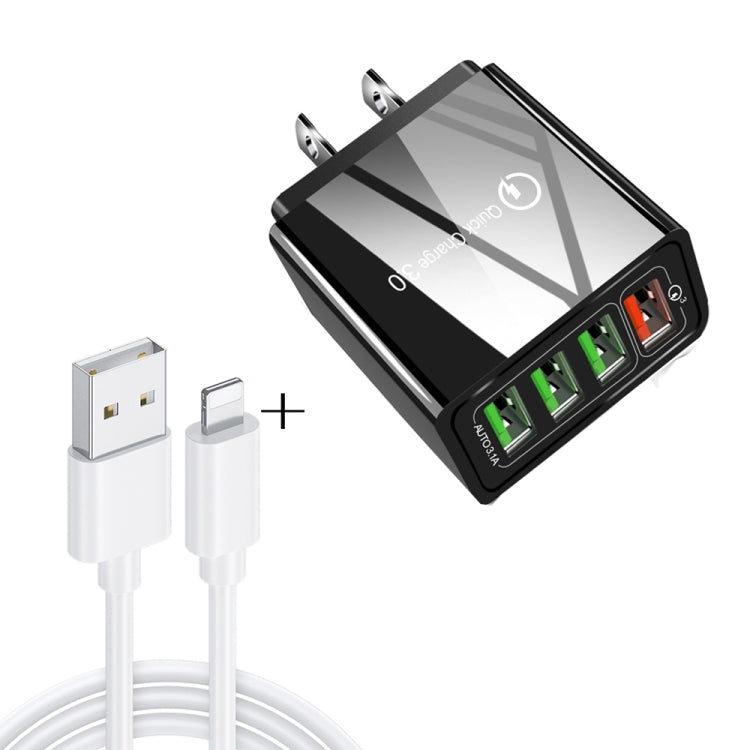 Bộ sạc nhanh du lịch 2 trong 1 cáp dữ liệu USB dài 1m sang 8 Pin + 30W QC 3.0 4 giao diện USB cho điện thoại di động, máy tính bảng, PC, phích cắm Mỹ, bộ 8 Pin phích cắm Mỹ