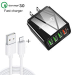 Bộ sạc nhanh du lịch 2 trong 1 cáp dữ liệu USB dài 1m sang 8 Pin + 30W QC 3.0 4 giao diện USB cho điện thoại di động, máy tính bảng, PC, phích cắm Mỹ, bộ 8 Pin phích cắm Mỹ