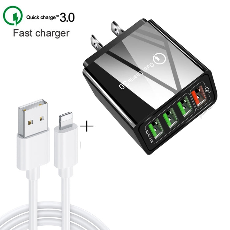 Bộ sạc nhanh du lịch 2 trong 1 cáp dữ liệu USB dài 1m sang 8 Pin + 30W QC 3.0 4 giao diện USB cho điện thoại di động, máy tính bảng, PC, phích cắm Mỹ, bộ 8 Pin phích cắm Mỹ