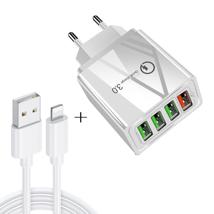 Bộ sạc nhanh du lịch 2 trong 1 cáp dữ liệu USB dài 1m sang 8 Pin + 30W QC 3.0 4 giao diện USB cho điện thoại di động, máy tính bảng, PC, phích cắm EU, bộ 8 Pin phích cắm EU