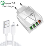Bộ sạc nhanh du lịch 2 trong 1 cáp dữ liệu USB dài 1m sang 8 Pin + 30W QC 3.0 4 giao diện USB cho điện thoại di động, máy tính bảng, PC, phích cắm EU, bộ 8 Pin phích cắm EU