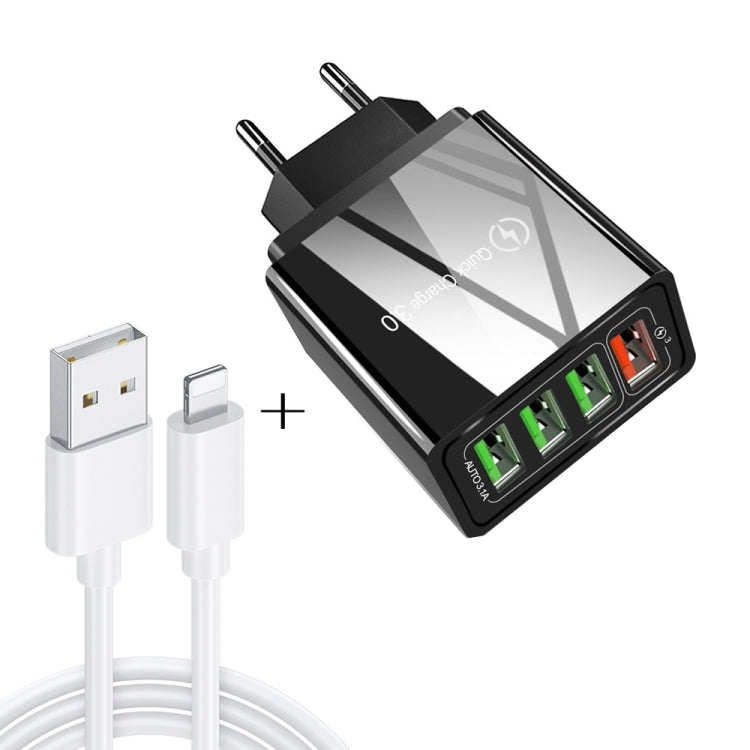 Bộ sạc nhanh du lịch 2 trong 1 cáp dữ liệu USB dài 1m sang 8 Pin + 30W QC 3.0 4 giao diện USB cho điện thoại di động, máy tính bảng, PC, phích cắm EU, bộ 8 Pin phích cắm EU