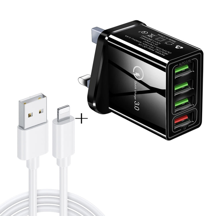 Bộ sạc nhanh du lịch 2 trong 1 cáp dữ liệu USB dài 1m sang 8 Pin + 30W QC 3.0 4 giao diện USB cho điện thoại di động, máy tính bảng, PC, phích cắm Anh, bộ 8 Pin phích cắm Anh