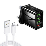 Bộ sạc nhanh du lịch 2 trong 1 cáp dữ liệu USB dài 1m sang 8 Pin + 30W QC 3.0 4 giao diện USB cho điện thoại di động, máy tính bảng, PC, phích cắm Anh, bộ 8 Pin phích cắm Anh