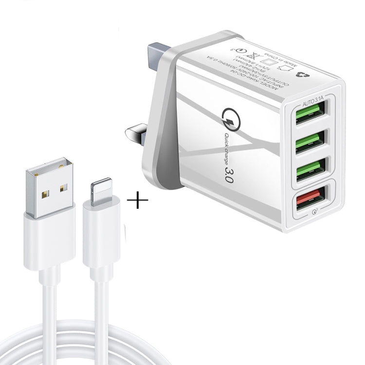 Bộ sạc nhanh du lịch 2 trong 1 cáp dữ liệu USB dài 1m sang 8 Pin + 30W QC 3.0 4 giao diện USB cho điện thoại di động, máy tính bảng, PC, phích cắm Anh, bộ 8 Pin phích cắm Anh