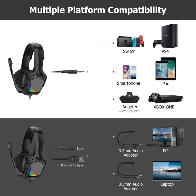 Tai nghe chơi game ONIKUMA K20 PS4 stereo có micro/đèn LED cho XBox One/Laptop máy tính bảng