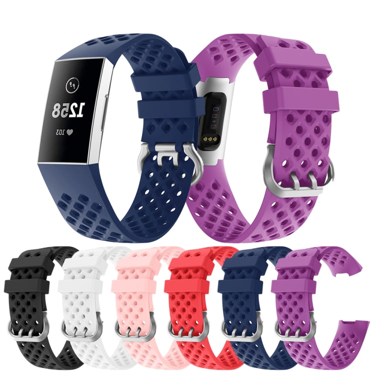 For Fitbit Charge 3 / 4 Hollow Square Silicone Strap Replacement Wristband, Black, Pink, White, Red, Dark Blue, Purple