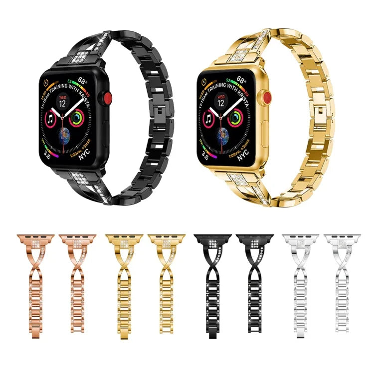 Dây đeo cổ tay thép không gỉ nguyên khối đính kim cương hình chữ X cho Apple Watch Series 3 & 2 & 1 38mm