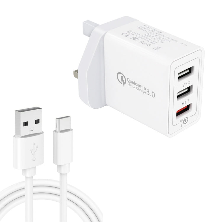 SDC-30W 2 in 1 USB to USB-C / Type-C Data Cable + 30W QC 3.0 USB + 2.4A Dual USB 2.0 Ports Mobile Phone Tablet PC Universal Quick Charger Travel Charger Set, UK Plug, with USB-C / Type-C Cable, UK Plug