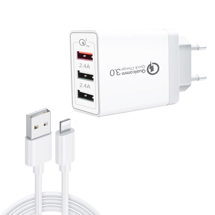 Bộ sạc nhanh du lịch SDC-30W 2 trong 1 cáp dữ liệu USB sang 8 Pin + 30W QC 3.0 USB + 2.4A cổng USB 2.0 kép cho điện thoại di động máy tính bảng PC, phích cắm EU, kèm cáp 8 Pin, phích cắm EU