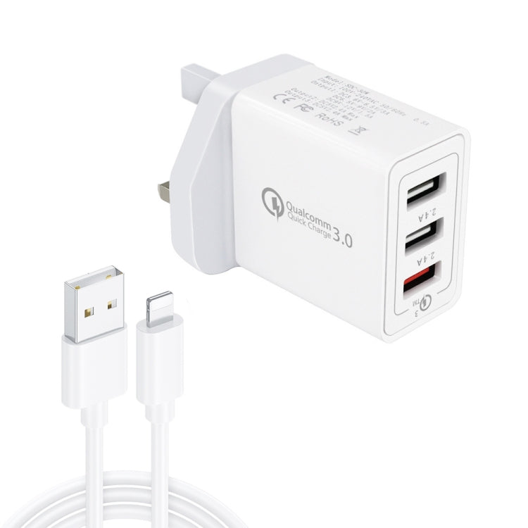 Cáp dữ liệu 2 trong 1 USB sang 8 Pin SDC-30W + Sạc nhanh 30W QC 3.0 USB + 2 cổng USB 2.0 2.4A cho điện thoại di động, máy tính bảng, PC, bộ sạc nhanh đa năng du lịch, phích cắm UK, kèm cáp 8 Pin, phích cắm UK