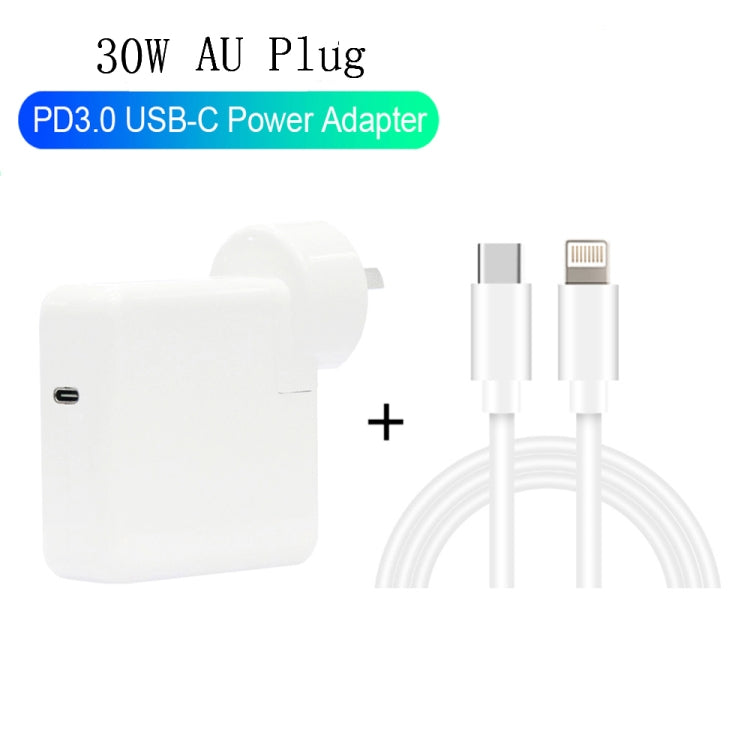 Bộ sạc du lịch 2 trong 1 PD3.0 30W USB-C / Type-C có chân rời + cáp dữ liệu sạc nhanh PD3.0 3A USB-C / Type-C sang 8 Pin, chiều dài cáp: 1m, phích cắm AU, 1m