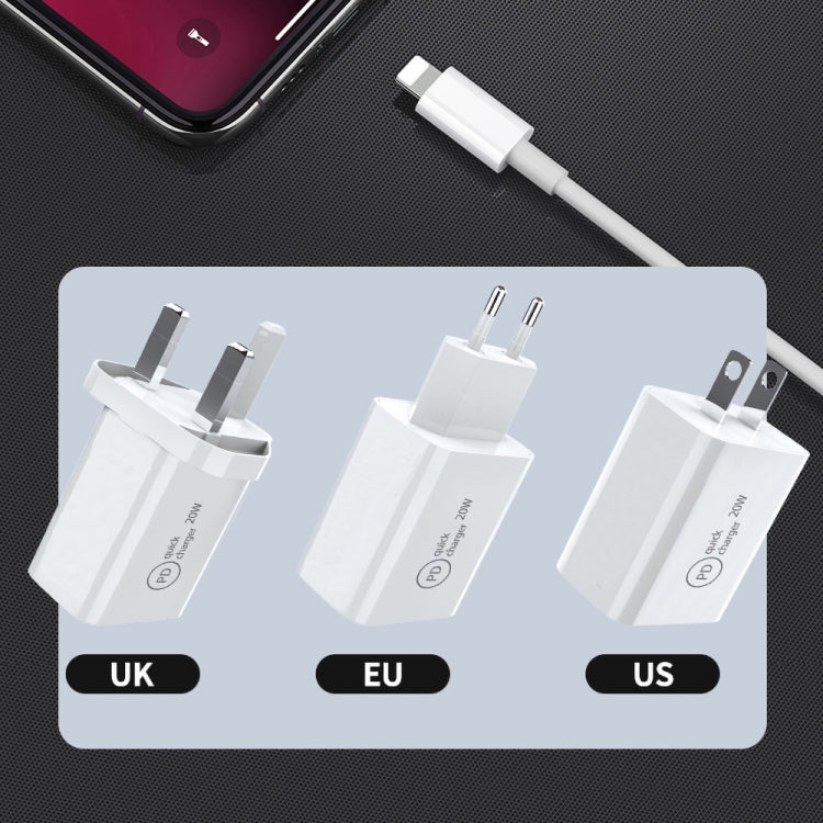 SDC-20W Bộ sạc du lịch 2 trong 1 PD 20W USB-C / Type-C + Bộ cáp dữ liệu sạc nhanh 3A PD3.0 USB-C / Type-C sang 8 Pin, Chiều dài cáp: 1m, Phích cắm US, Phích cắm EU, Phích cắm UK
