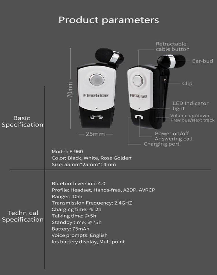 Tai nghe Bluetooth chống trộm F960 CSR4.1 cáp rút, nhắc nhở rung cuộc gọi, màu đen, trắng, bạc