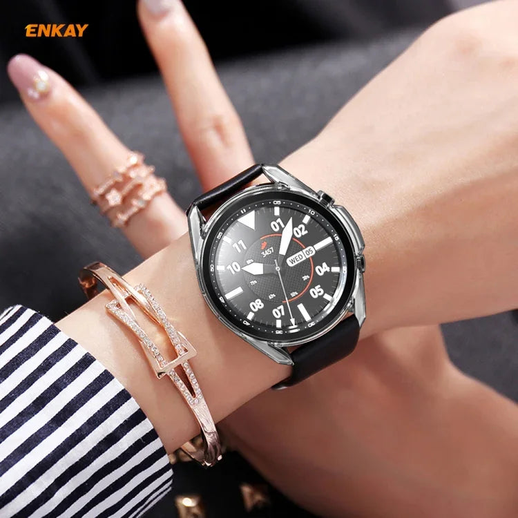 Bộ 2 trong 1 Ốp TPU mềm trong suốt + Miếng dán kính cường lực 0.2mm 9H 2.15D cạnh cong ENKAY Hat-Prince, dành cho Samsung Galaxy Watch 3 45mm