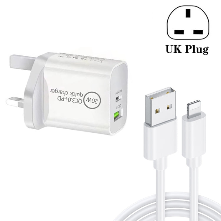 Bộ sạc du lịch đa năng sạc nhanh kép USB 20W PD 3.0 + QC 3.0 SDC-20WA+C với cáp dữ liệu sạc nhanh Micro USB sang 8 Pin, phích cắm UK, USB sang 8 Pin (phích cắm UK)
