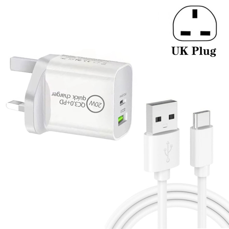 Bộ sạc du lịch đa năng sạc nhanh kép USB 20W PD 3.0 + QC 3.0 SDC-20WA+C với cáp dữ liệu sạc nhanh USB sang Type-C / USB-C, phích cắm UK, USB sang Type-C / USB-C (phích cắm UK)