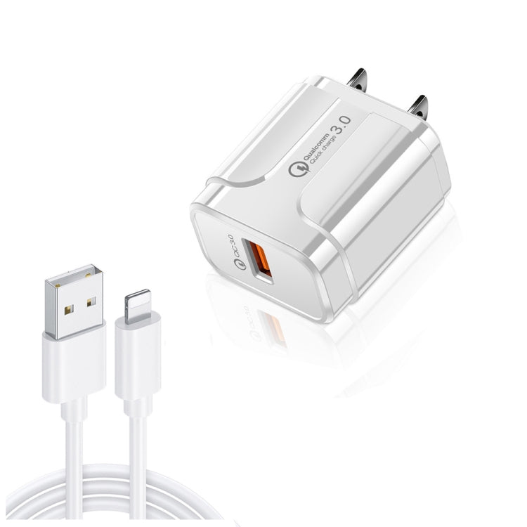 Sạc du lịch di động LZ-023 18W QC 3.0 USB + cáp dữ liệu USB 3A sang 8 Pin, phích cắm Mỹ, cáp dữ liệu USB sang 8 Pin, phích cắm Mỹ, cáp dữ liệu 8 Pin, phích cắm Mỹ
