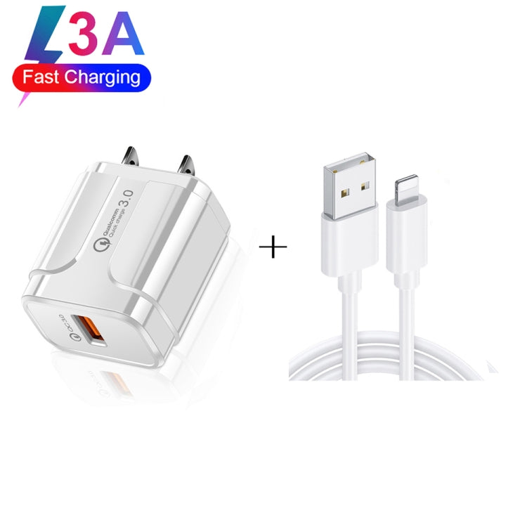 Sạc du lịch di động LZ-023 18W QC 3.0 USB + cáp dữ liệu USB 3A sang 8 Pin, phích cắm Mỹ, cáp dữ liệu USB sang 8 Pin, phích cắm Mỹ, cáp dữ liệu 8 Pin, phích cắm Mỹ