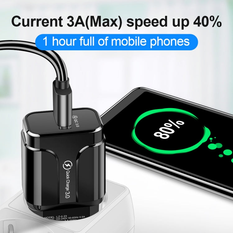 Sạc du lịch di động LZ-023 18W QC 3.0 USB + cáp dữ liệu USB 3A sang 8 Pin, phích cắm Mỹ, cáp dữ liệu USB sang 8 Pin, phích cắm Mỹ, cáp dữ liệu 8 Pin, phích cắm Mỹ