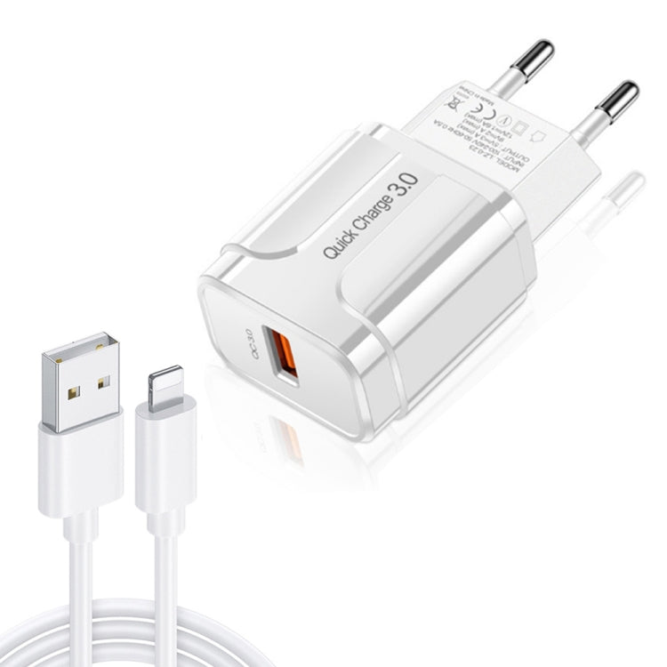 Sạc du lịch di động LZ-023 18W QC 3.0 USB + cáp dữ liệu USB 3A sang 8 Pin, phích cắm EU, cáp dữ liệu 8 Pin, phích cắm EU
