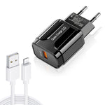 Sạc du lịch di động LZ-023 18W QC 3.0 USB + cáp dữ liệu USB 3A sang 8 Pin, phích cắm EU, cáp dữ liệu 8 Pin, phích cắm EU