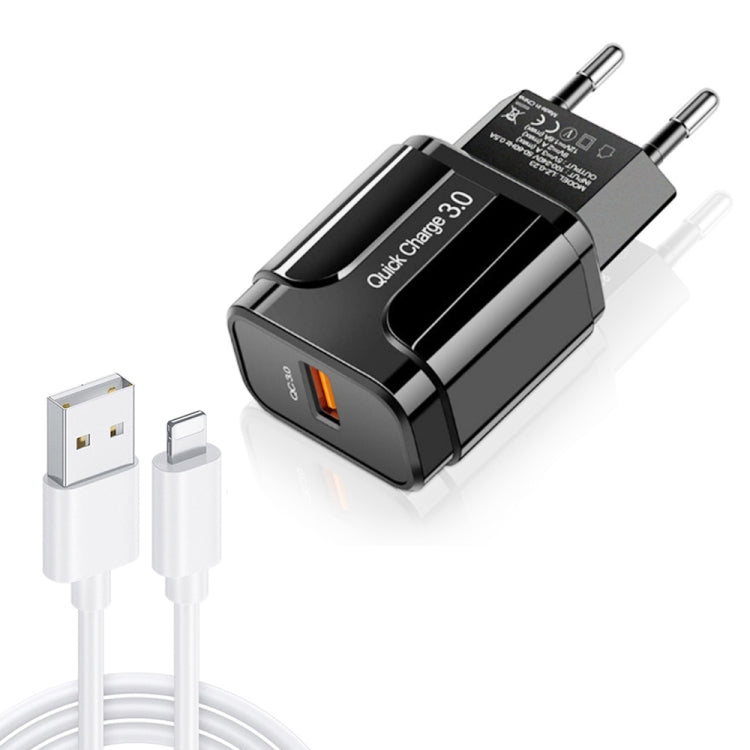 Sạc du lịch di động LZ-023 18W QC 3.0 USB + cáp dữ liệu USB 3A sang 8 Pin, phích cắm EU, cáp dữ liệu 8 Pin, phích cắm EU
