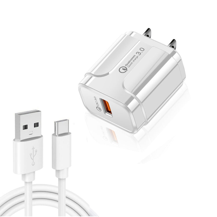 LZ-023 Bộ sạc du lịch USB QC3.0 18W + Cáp dữ liệu USB sang Type-C 3A, Phích cắm US, Cáp dữ liệu Type-C, Phích cắm US