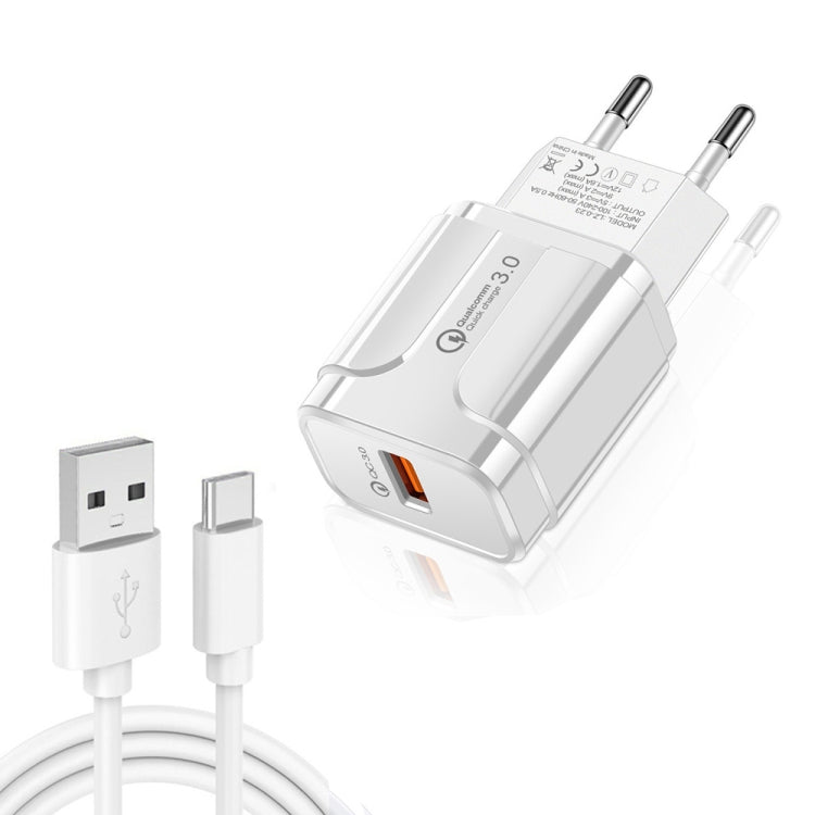 LZ-023 Bộ sạc du lịch USB QC 3.0 18W + Cáp dữ liệu USB sang Type-C 3A, Phích cắm EU, Cáp dữ liệu Type-C, Phích cắm EU
