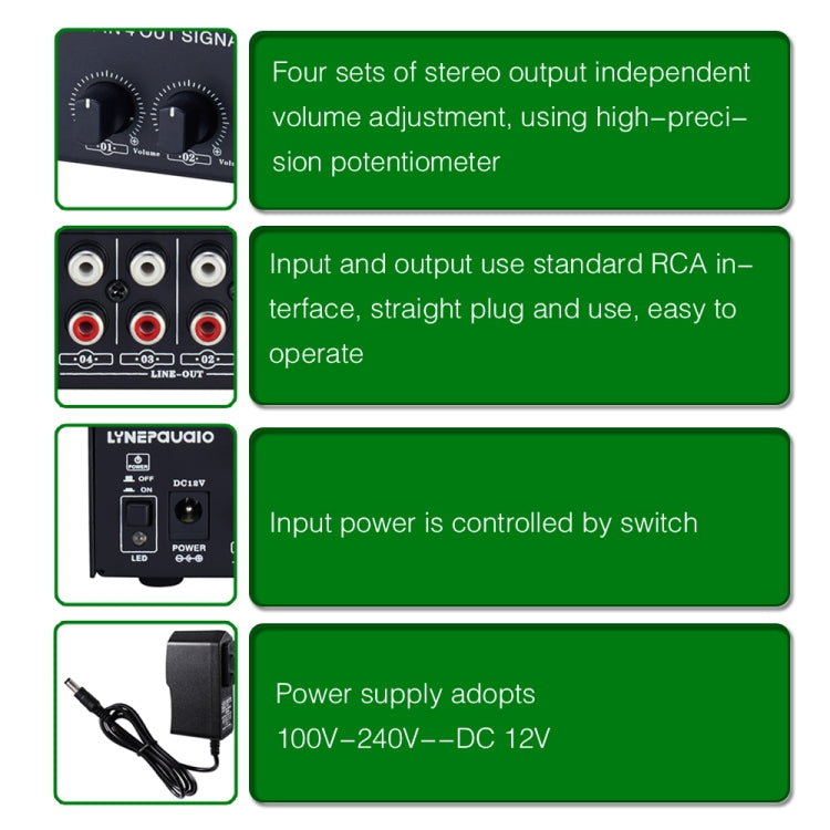 Bộ Khuếch Đại Tín Hiệu Stereo Trước 1 Vào 4 Ra, Điều Chỉnh Âm Lượng Đầu Ra Độc Lập Giao Diện RCA Không Mất Âm Thanh Bộ Phân Phối, Phích Cắm Mỹ, B029