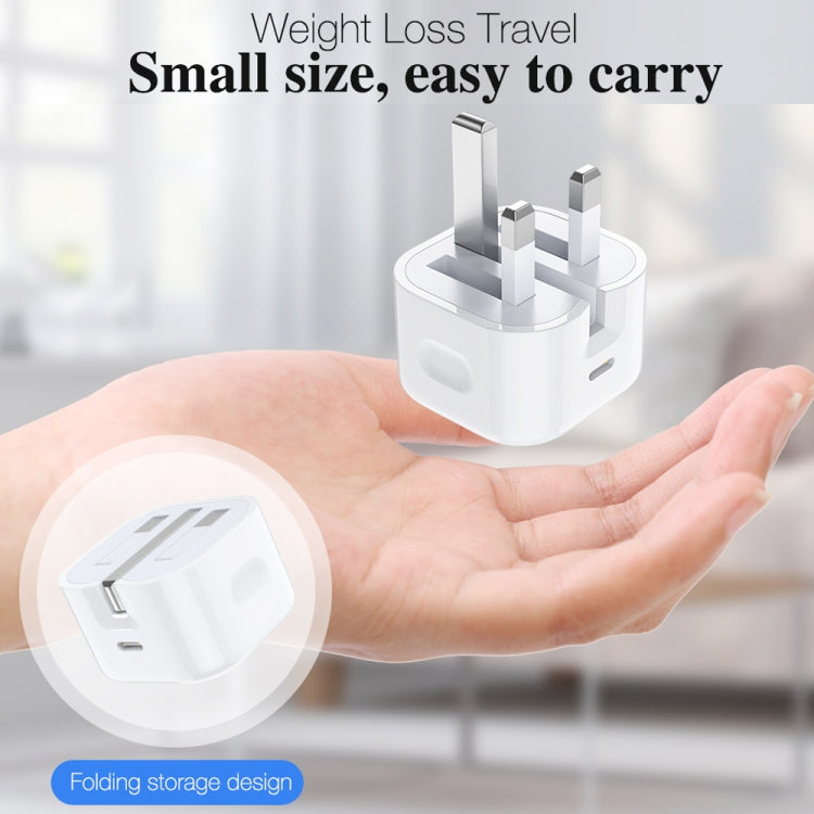 A2344 Bộ sạc du lịch gập PD 3.0 20W Type-C / USB-C + bộ cáp dữ liệu sạc nhanh USB-C / Type-C sang 8 Pin, phích cắm UK, chiều dài: 2m, 20W 8 Pin chiều dài: 2m