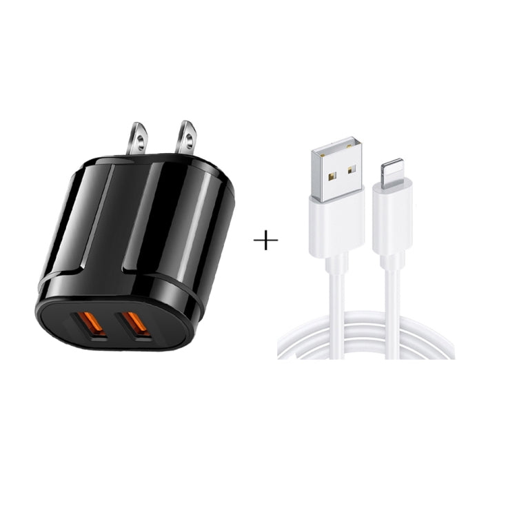 Bộ sạc du lịch di động USB đôi + cáp dữ liệu USB dài 1 mét sang 8 Pin, phích cắm Mỹ