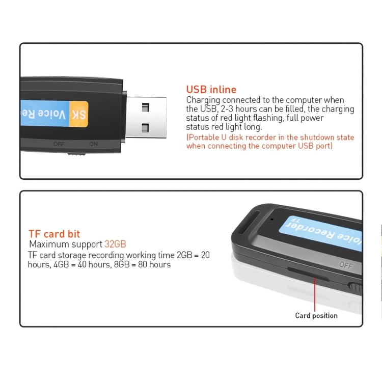 Bút ghi âm kỹ thuật số USB di động chuyên nghiệp có thể sạc lại SK001 hỗ trợ thẻ TF, 32GB