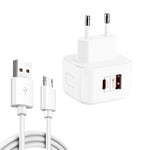 YSY-6087PD Bộ sạc du lịch sạc nhanh đôi 20W PD3.0 + QC3.0 với cáp dữ liệu USB sang Micro USB, Phích cắm EU, Phích cắm US, Phích cắm UK