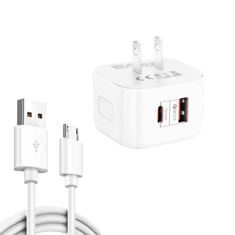 YSY-6087PD Bộ sạc du lịch sạc nhanh đôi 20W PD3.0 + QC3.0 với cáp dữ liệu USB sang Micro USB, Phích cắm EU, Phích cắm US, Phích cắm UK