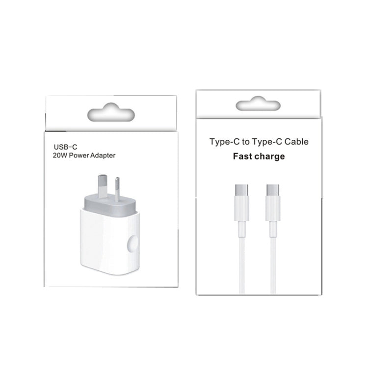 Bộ sạc nhanh du lịch 20W PD 3.0 với cáp dữ liệu sạc nhanh USB-C / Type-C sang Type-C, phích cắm Úc, dài 1m, 2m