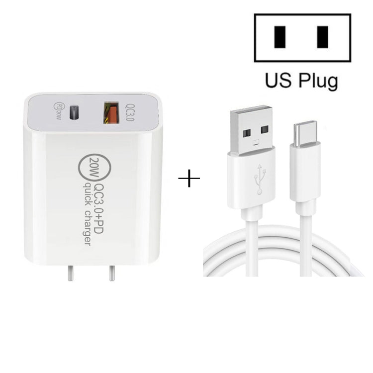 Bộ sạc du lịch sạc nhanh 20W PD Type-C + QC 3.0 USB với cáp dữ liệu USB sang Type-C sạc nhanh, Phích cắm EU, Phích cắm US, Phích cắm AU