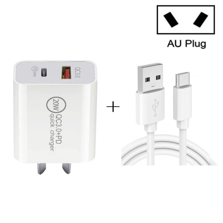 Bộ sạc du lịch sạc nhanh 20W PD Type-C + QC 3.0 USB với cáp dữ liệu USB sang Type-C sạc nhanh, Phích cắm EU, Phích cắm US, Phích cắm AU