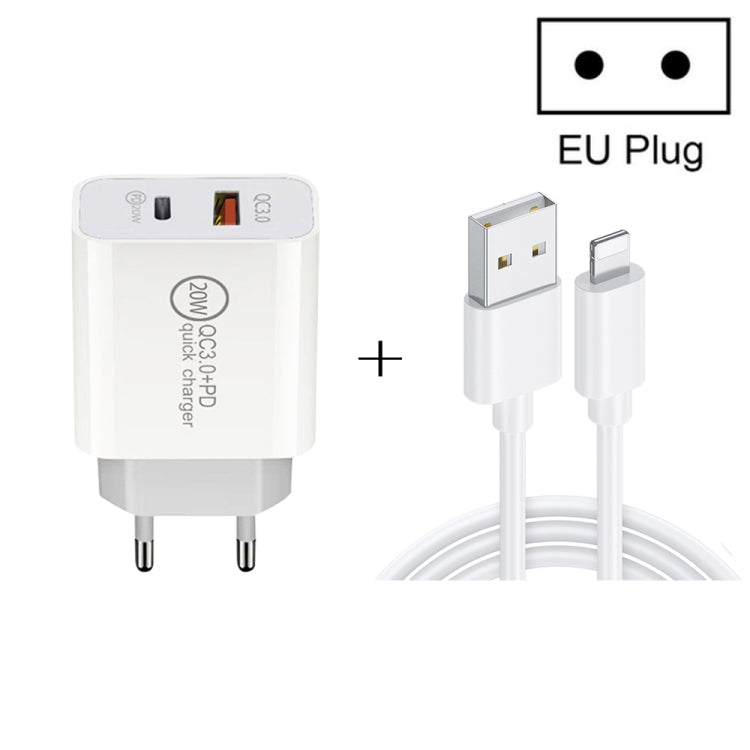 Sạc nhanh du lịch 20W PD Type-C + QC 3.0 USB với cáp dữ liệu sạc nhanh USB sang 8 Pin, phích cắm EU, phích cắm Mỹ, phích cắm Úc