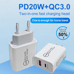 Sạc nhanh du lịch 20W PD Type-C + QC 3.0 USB với cáp dữ liệu sạc nhanh USB sang 8 Pin, phích cắm EU, phích cắm Mỹ, phích cắm Úc