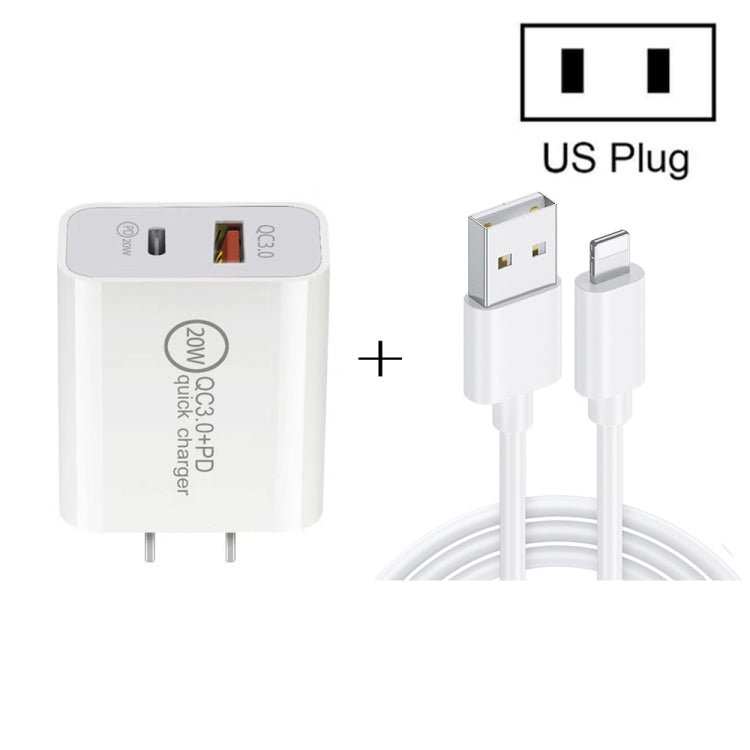 Sạc nhanh du lịch 20W PD Type-C + QC 3.0 USB với cáp dữ liệu sạc nhanh USB sang 8 Pin, phích cắm EU, phích cắm Mỹ, phích cắm Úc