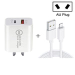 Sạc nhanh du lịch 20W PD Type-C + QC 3.0 USB với cáp dữ liệu sạc nhanh USB sang 8 Pin, phích cắm EU, phích cắm Mỹ, phích cắm Úc
